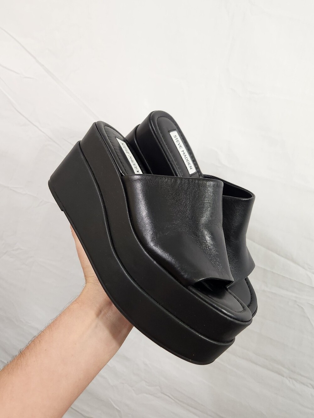 Steve Madden black leather platform slides sandals
